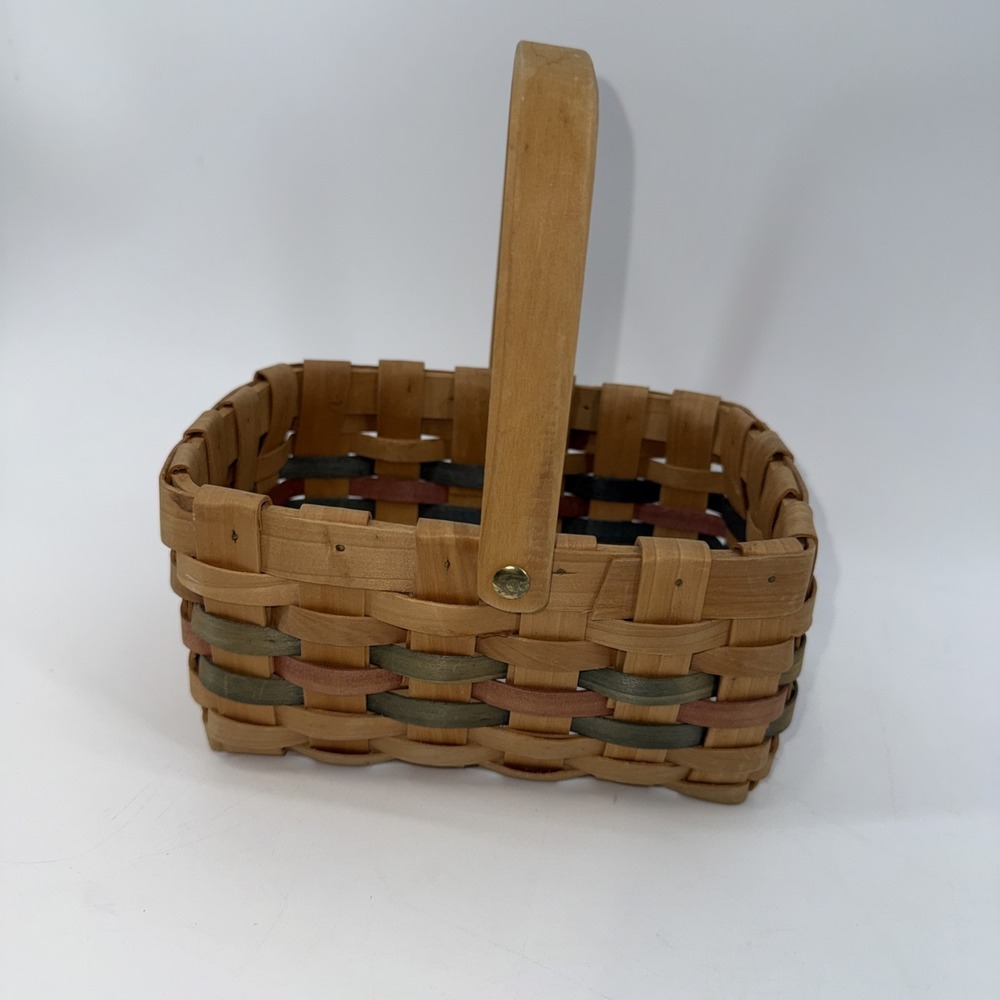 Vintage Wicker Basket w/ Wicker Handle Red and Blue Strip‎ 8"x 6.5" x 4 "Deep